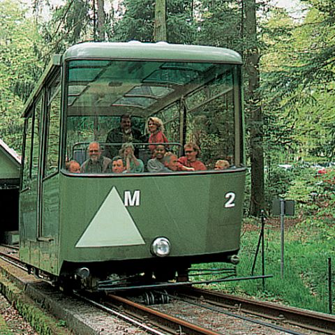 Eine alte Bahn mit Besuchern in einem Wald 