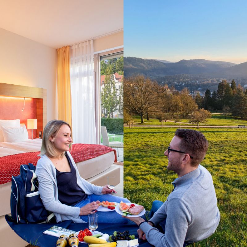 Arrangement aus einer Suite im Hotel in Baden-Baden und einem auf der Wiese picknickenden Pärchens