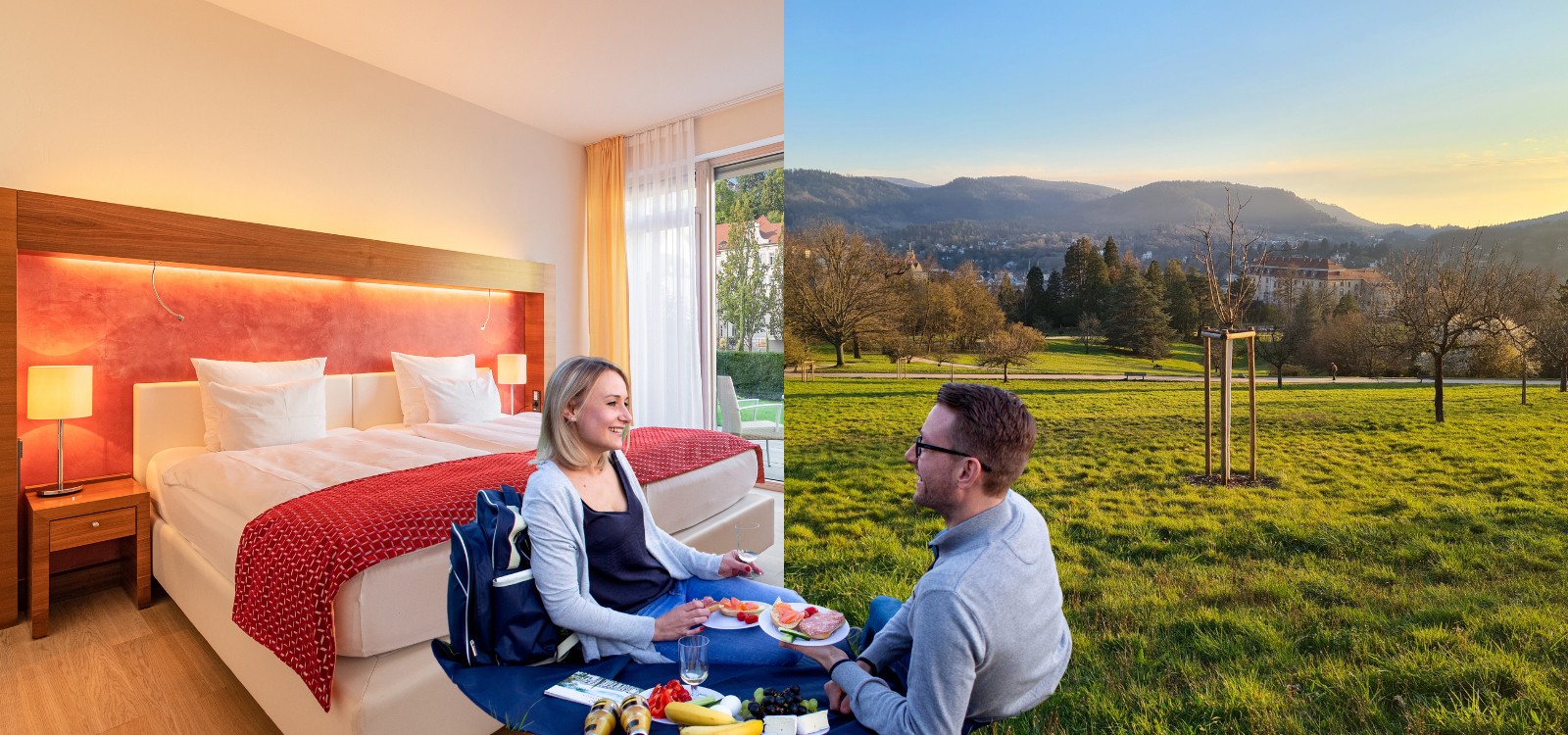 Arrangement aus einer Suite im Hotel in Baden-Baden und einem auf der Wiese picknickenden Pärchens