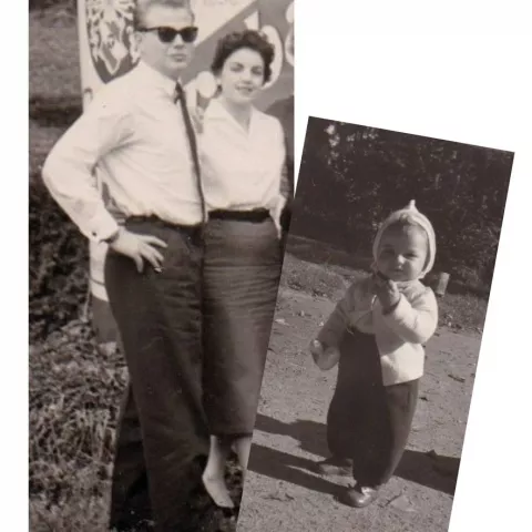 Ein Schwarz-Weiß-Bild von einem Kleinkind und eins von einem Pärchen