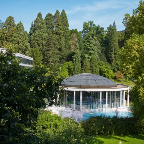 Blick vom Hotel über die grünen Bäume auf die Caracalla Therme in Baden-Baden