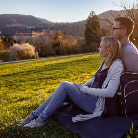 Eine Frau lehnt auf einer Picknickdecke sitzen an ihren Partner an und blickt in die Ferne